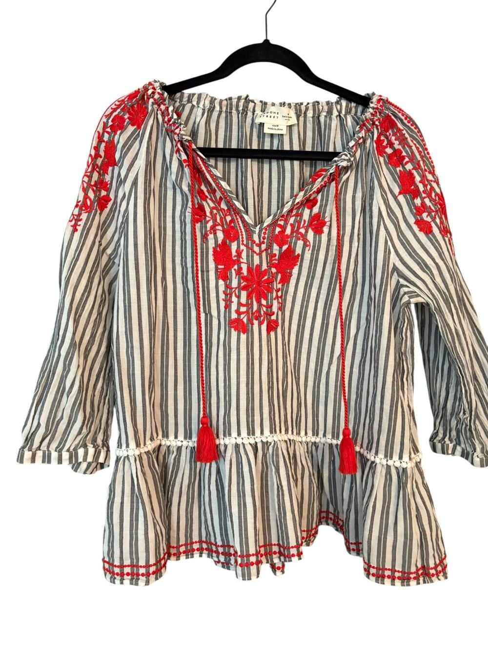 Kate Spade Broome Street Boho Blouse Red Embroidered Peasant M Cotton Festival